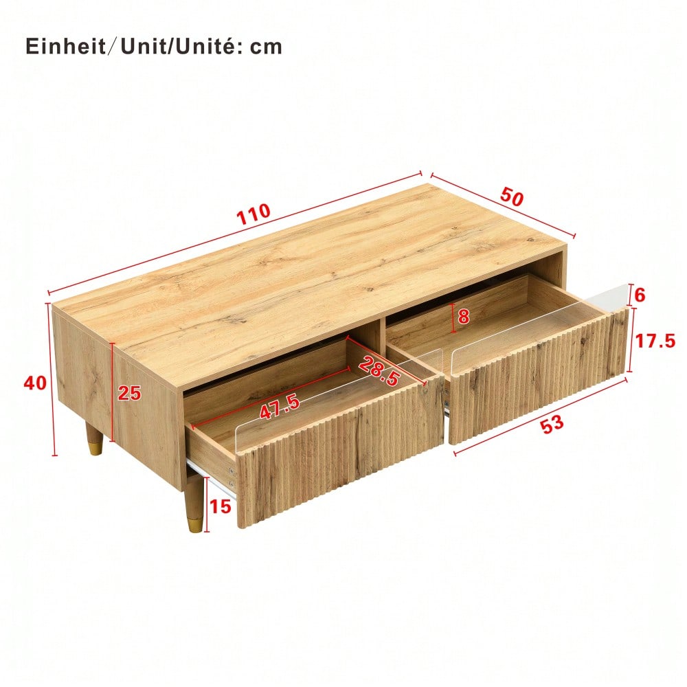 Dieser moderne LED-Couchtisch verfügt über eine gewellte Schubladenplatte, gold-holzfarbene Beine, zwei Schubladen und einen farbwechselnden LED-Lichtstreifen