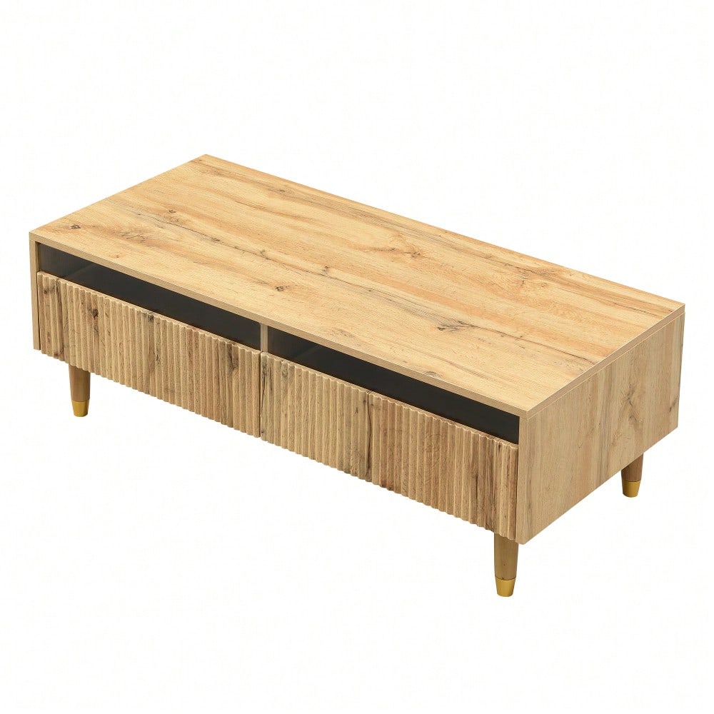 Dieser moderne LED-Couchtisch verfügt über eine gewellte Schubladenplatte, gold-holzfarbene Beine, zwei Schubladen und einen farbwechselnden LED-Lichtstreifen