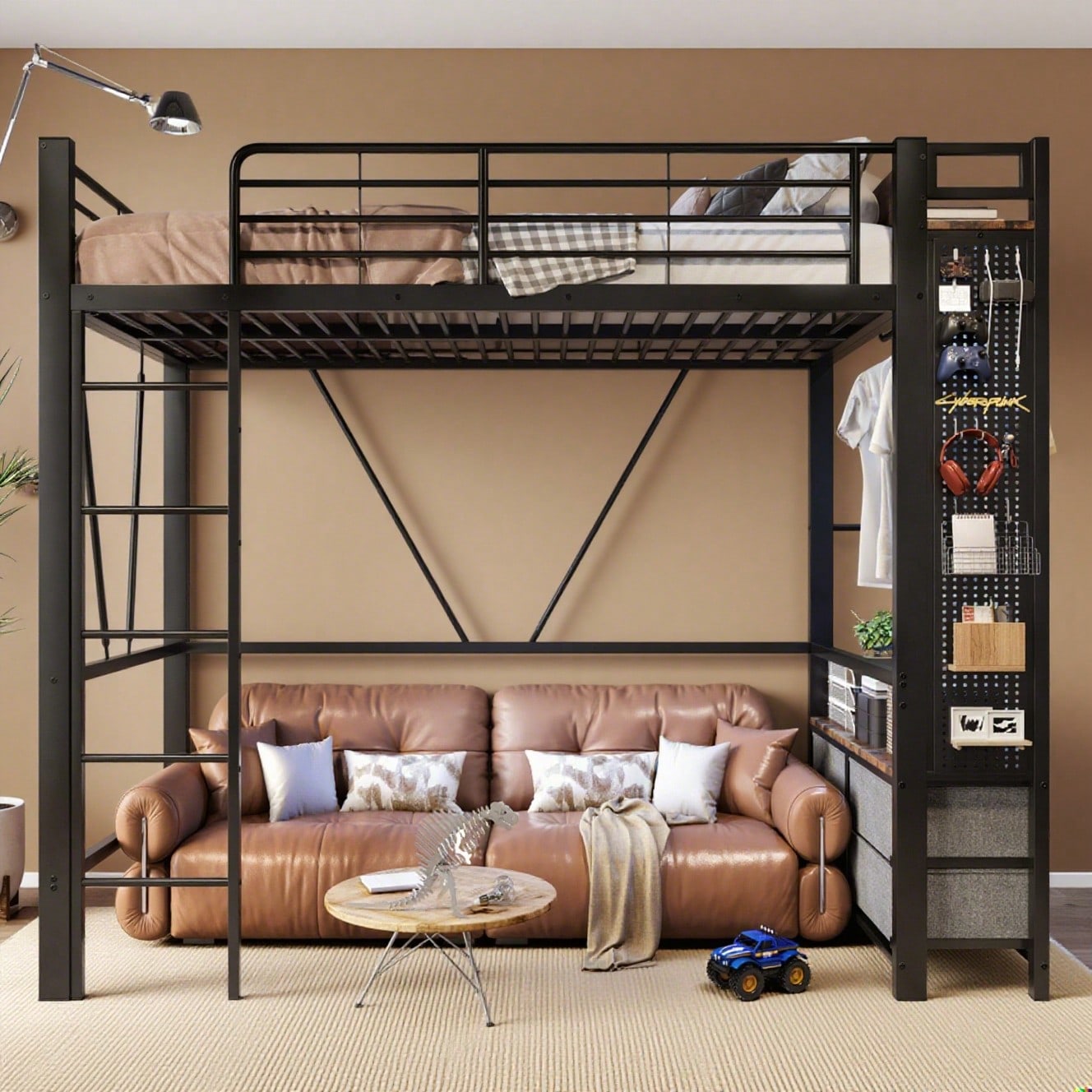 Hochbett, 90 x 200cm, Eisenrahmen , Mit Trockenstab, Mit Einlegeböden, 4 Schubladen, Mit USB+TYPE-C Steckdose, LED-Leiste, Geländer, Trittleiter, mit Lochbrett, ohne Matratze, schwarz