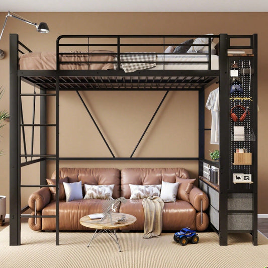 Hochbett, 90 x 200cm, Eisenrahmen , Mit Trockenstab, Mit Einlegeböden, 4 Schubladen, Mit USB+TYPE-C Steckdose, LED-Leiste, Geländer, Trittleiter, mit Lochbrett, ohne Matratze, schwarz