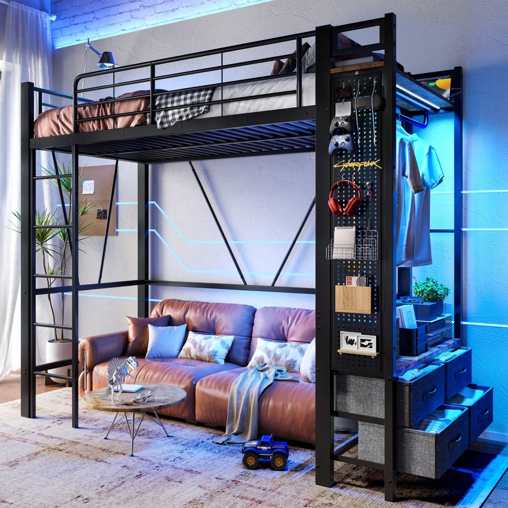 Hochbett, 90 x 200cm, Eisenrahmen , Mit Trockenstab, Mit Einlegeböden, 4 Schubladen, Mit USB+TYPE-C Steckdose, LED-Leiste, Geländer, Trittleiter, mit Lochbrett, ohne Matratze, schwarz