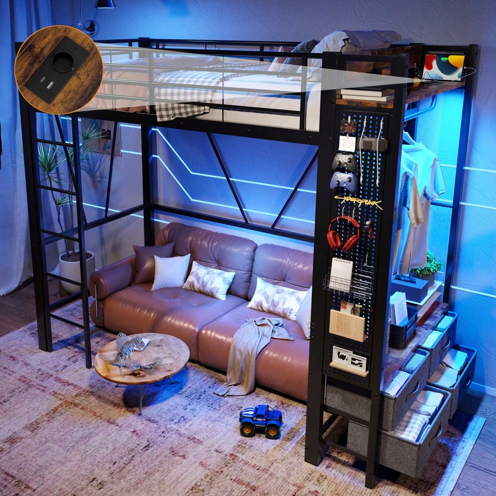 Hochbett, 90 x 200cm, Eisenrahmen , Mit Trockenstab, Mit Einlegeböden, 4 Schubladen, Mit USB+TYPE-C Steckdose, LED-Leiste, Geländer, Trittleiter, mit Lochbrett, ohne Matratze, schwarz