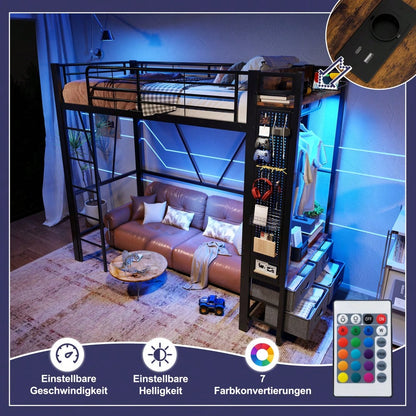 Hochbett, 90 x 200cm, Eisenrahmen , Mit Trockenstab, Mit Einlegeböden, 4 Schubladen, Mit USB+TYPE-C Steckdose, LED-Leiste, Geländer, Trittleiter, mit Lochbrett, ohne Matratze, schwarz