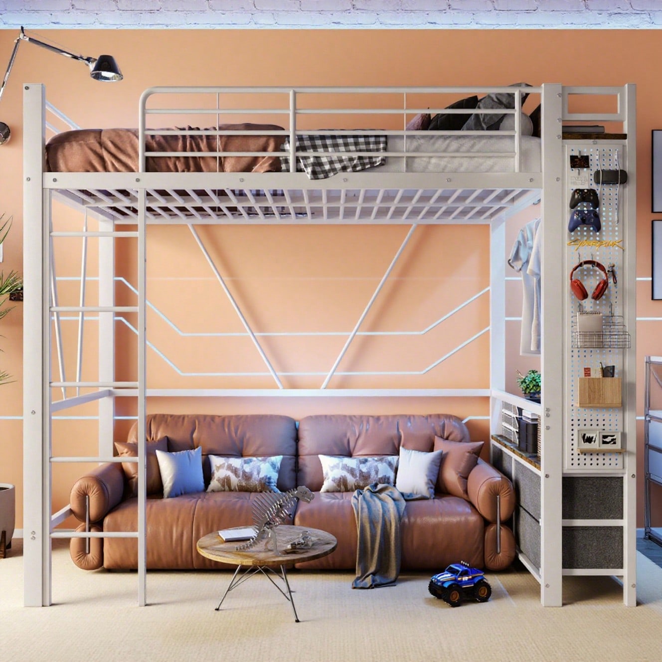 Hochbett, 90 x 200cm, Eisenrahmen , Mit Trockenstab, Mit Einlegeböden, 4 Schubladen, Mit USB+TYPE-C Steckdose, LED-Leiste, Geländer, Trittleiter, mit Lochbrett, ohne Matratze, Weiß