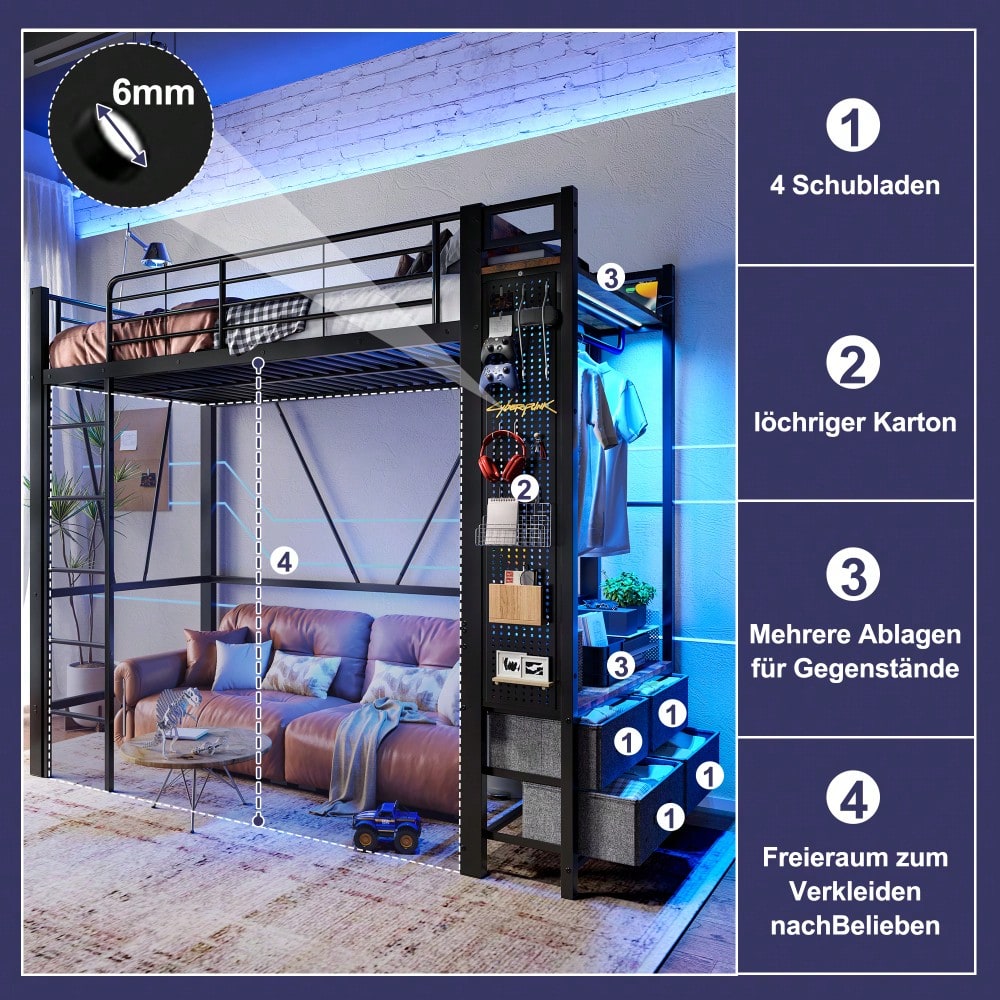 Hochbett, 90 x 200cm, Eisenrahmen , Mit Trockenstab, Mit Einlegeböden, 4 Schubladen, Mit USB+TYPE-C Steckdose, LED-Leiste, Geländer, Trittleiter, mit Lochbrett, ohne Matratze, schwarz