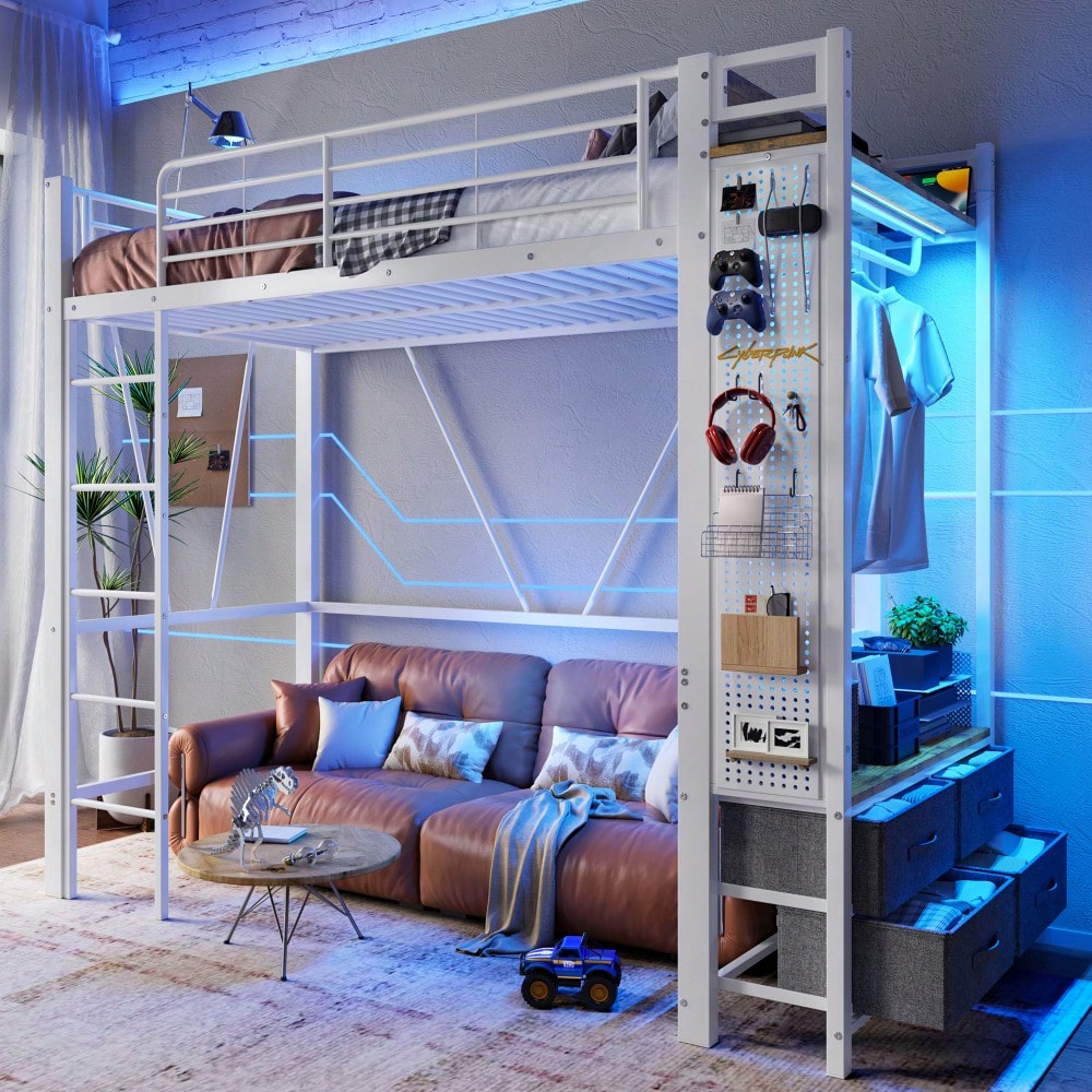 Hochbett, 90 x 200cm, Eisenrahmen , Mit Trockenstab, Mit Einlegeböden, 4 Schubladen, Mit USB+TYPE-C Steckdose, LED-Leiste, Geländer, Trittleiter, mit Lochbrett, ohne Matratze, Weiß