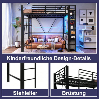 Hochbett, 90 x 200cm, Eisenrahmen , Mit Trockenstab, Mit Einlegeböden, 4 Schubladen, Mit USB+TYPE-C Steckdose, LED-Leiste, Geländer, Trittleiter, mit Lochbrett, ohne Matratze, schwarz