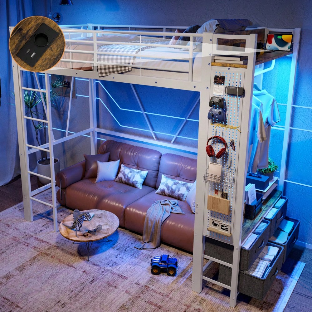 Hochbett, 90 x 200cm, Eisenrahmen , Mit Trockenstab, Mit Einlegeböden, 4 Schubladen, Mit USB+TYPE-C Steckdose, LED-Leiste, Geländer, Trittleiter, mit Lochbrett, ohne Matratze, Weiß