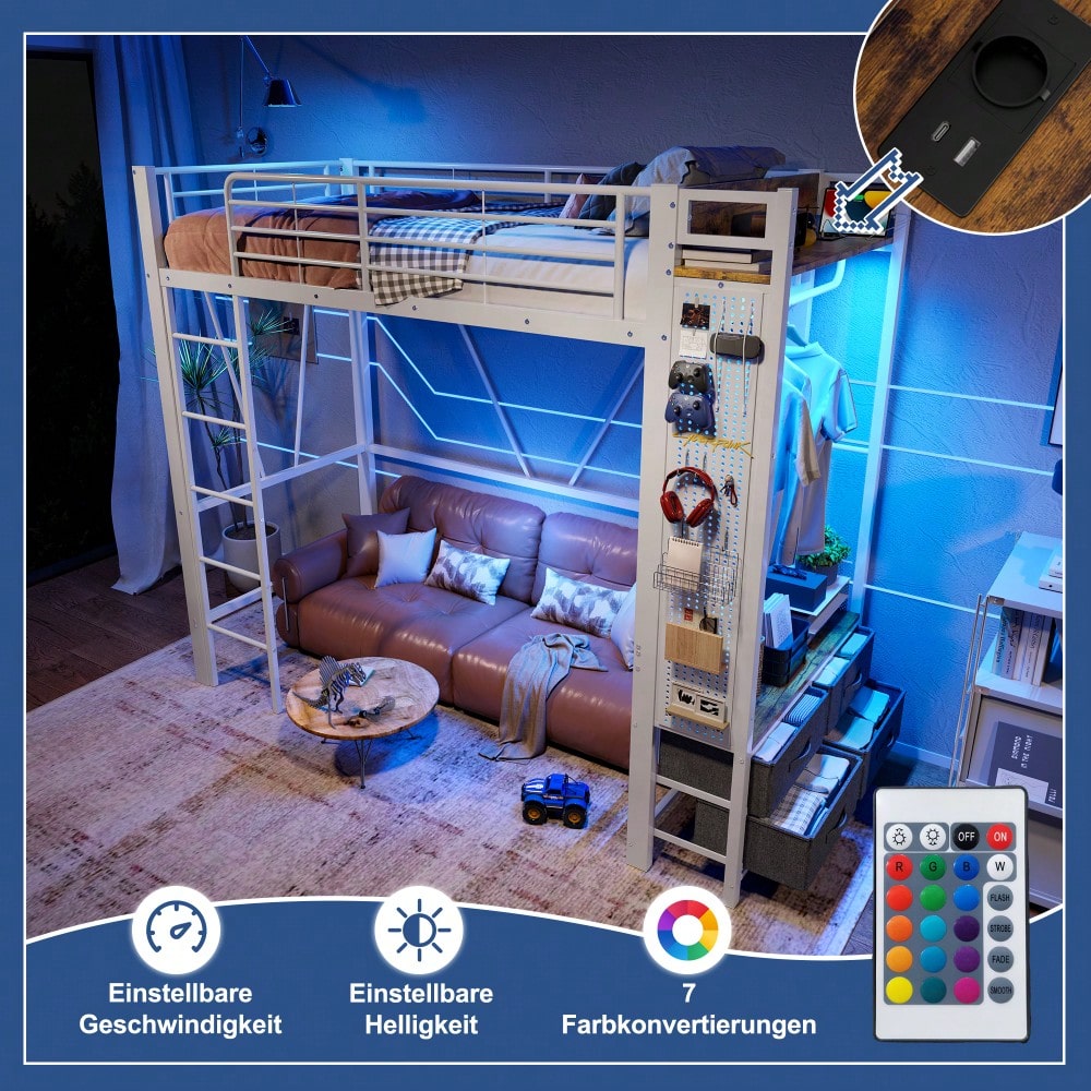 Hochbett, 90 x 200cm, Eisenrahmen , Mit Trockenstab, Mit Einlegeböden, 4 Schubladen, Mit USB+TYPE-C Steckdose, LED-Leiste, Geländer, Trittleiter, mit Lochbrett, ohne Matratze, Weiß
