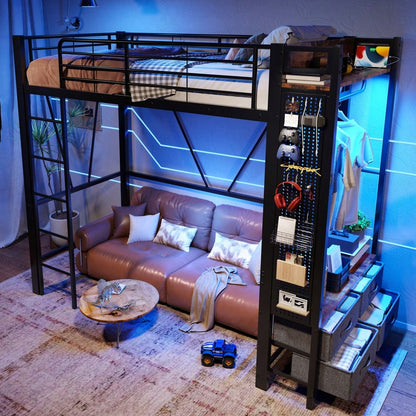 Hochbett, 90 x 200cm, Eisenrahmen , Mit Trockenstab, Mit Einlegeböden, 4 Schubladen, Mit USB+TYPE-C Steckdose, LED-Leiste, Geländer, Trittleiter, mit Lochbrett, ohne Matratze, schwarz