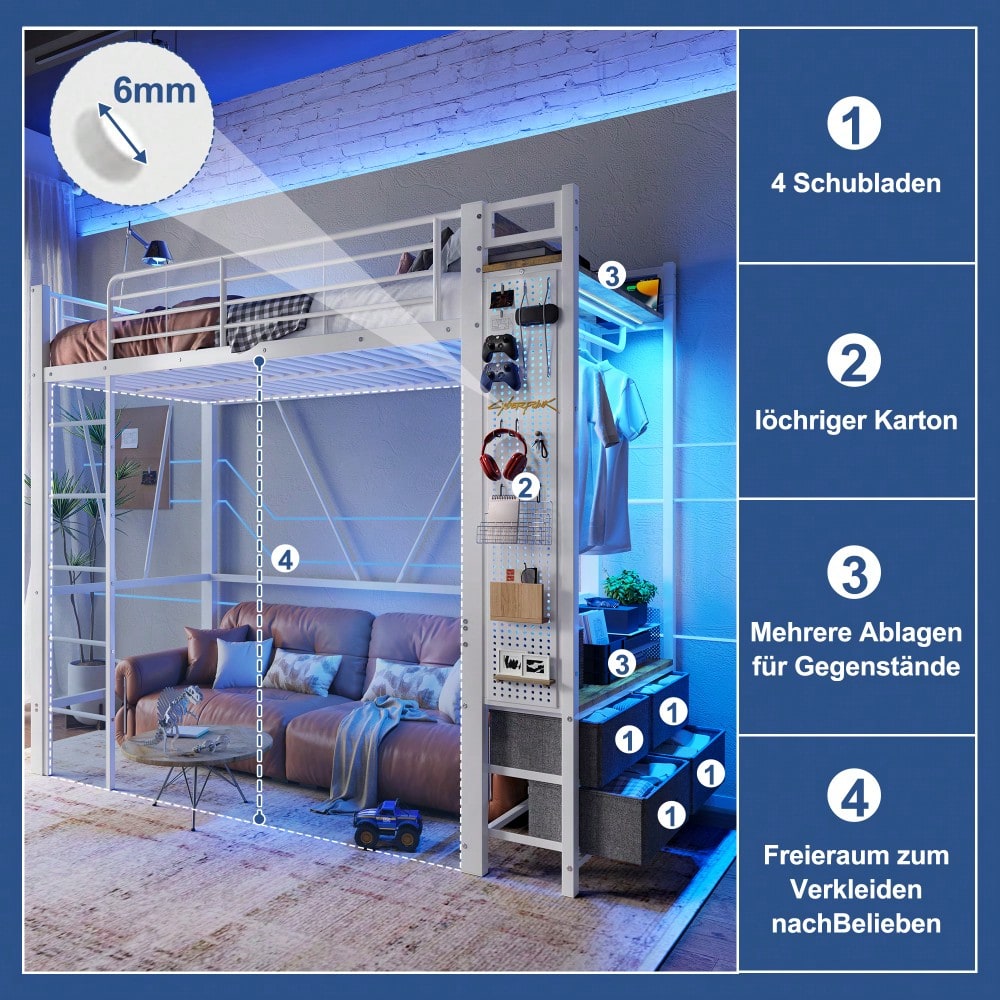 Hochbett, 90 x 200cm, Eisenrahmen , Mit Trockenstab, Mit Einlegeböden, 4 Schubladen, Mit USB+TYPE-C Steckdose, LED-Leiste, Geländer, Trittleiter, mit Lochbrett, ohne Matratze, Weiß