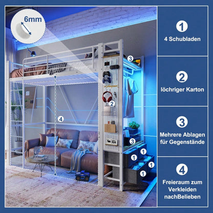 Hochbett, 90 x 200cm, Eisenrahmen , Mit Trockenstab, Mit Einlegeböden, 4 Schubladen, Mit USB+TYPE-C Steckdose, LED-Leiste, Geländer, Trittleiter, mit Lochbrett, ohne Matratze, Weiß