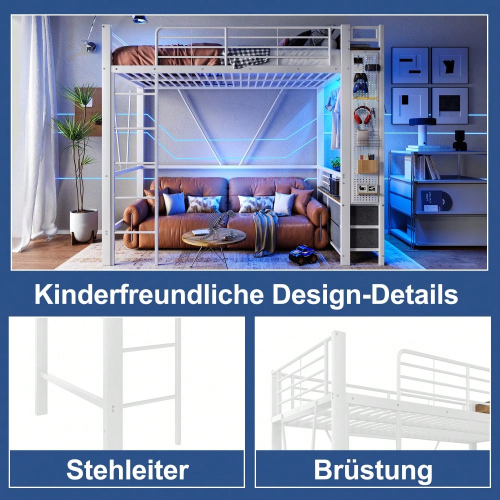 Hochbett, 90 x 200cm, Eisenrahmen , Mit Trockenstab, Mit Einlegeböden, 4 Schubladen, Mit USB+TYPE-C Steckdose, LED-Leiste, Geländer, Trittleiter, mit Lochbrett, ohne Matratze, Weiß
