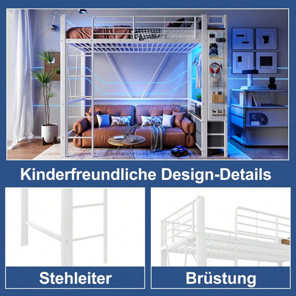 Hochbett, 90 x 200cm, Eisenrahmen , Mit Trockenstab, Mit Einlegeböden, 4 Schubladen, Mit USB+TYPE-C Steckdose, LED-Leiste, Geländer, Trittleiter, mit Lochbrett, ohne Matratze, Weiß