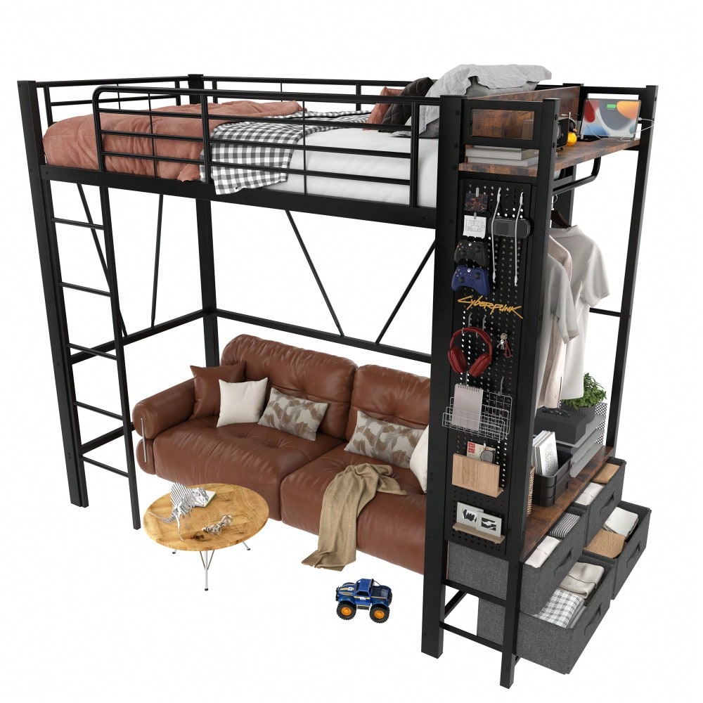 Hochbett, 90 x 200cm, Eisenrahmen , Mit Trockenstab, Mit Einlegeböden, 4 Schubladen, Mit USB+TYPE-C Steckdose, LED-Leiste, Geländer, Trittleiter, mit Lochbrett, ohne Matratze, schwarz