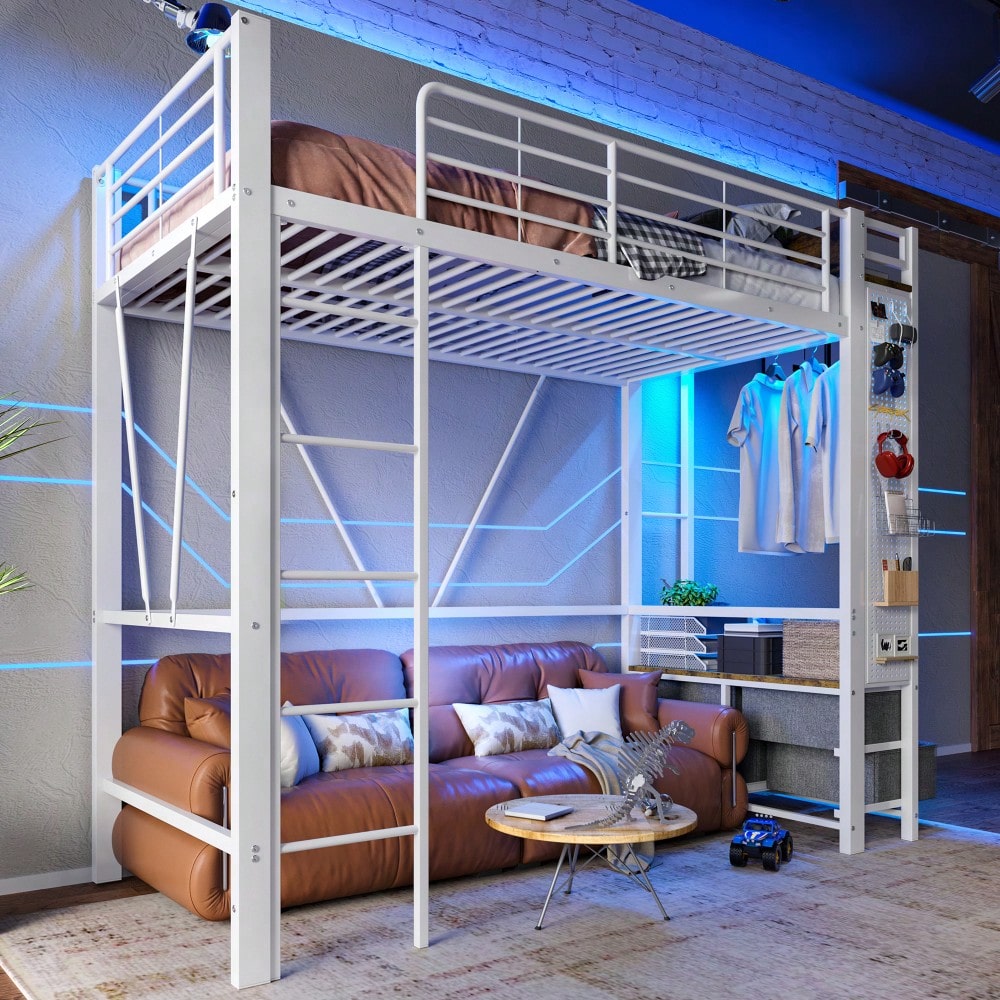 Hochbett, 90 x 200cm, Eisenrahmen , Mit Trockenstab, Mit Einlegeböden, 4 Schubladen, Mit USB+TYPE-C Steckdose, LED-Leiste, Geländer, Trittleiter, mit Lochbrett, ohne Matratze, Weiß
