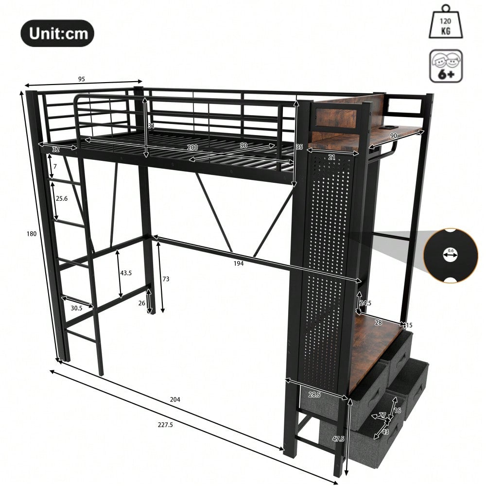Hochbett, 90 x 200cm, Eisenrahmen , Mit Trockenstab, Mit Einlegeböden, 4 Schubladen, Mit USB+TYPE-C Steckdose, LED-Leiste, Geländer, Trittleiter, mit Lochbrett, ohne Matratze, schwarz