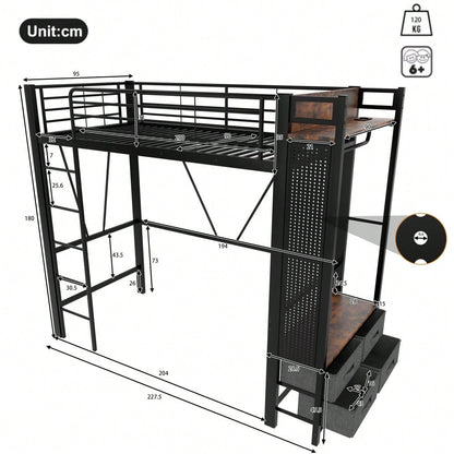Hochbett, 90 x 200cm, Eisenrahmen , Mit Trockenstab, Mit Einlegeböden, 4 Schubladen, Mit USB+TYPE-C Steckdose, LED-Leiste, Geländer, Trittleiter, mit Lochbrett, ohne Matratze, schwarz