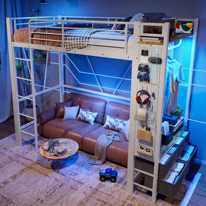 Hochbett, 90 x 200cm, Eisenrahmen , Mit Trockenstab, Mit Einlegeböden, 4 Schubladen, Mit USB+TYPE-C Steckdose, LED-Leiste, Geländer, Trittleiter, mit Lochbrett, ohne Matratze, Weiß