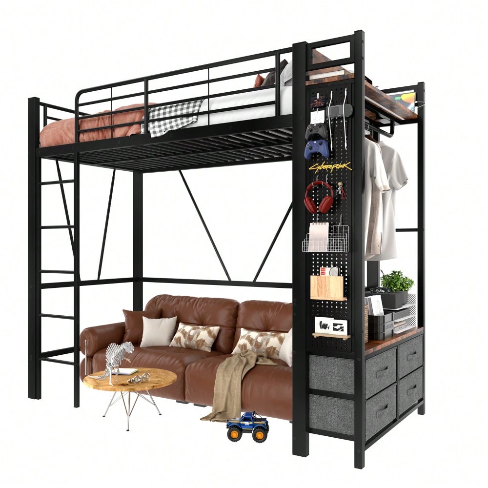 Hochbett, 90 x 200cm, Eisenrahmen , Mit Trockenstab, Mit Einlegeböden, 4 Schubladen, Mit USB+TYPE-C Steckdose, LED-Leiste, Geländer, Trittleiter, mit Lochbrett, ohne Matratze, schwarz