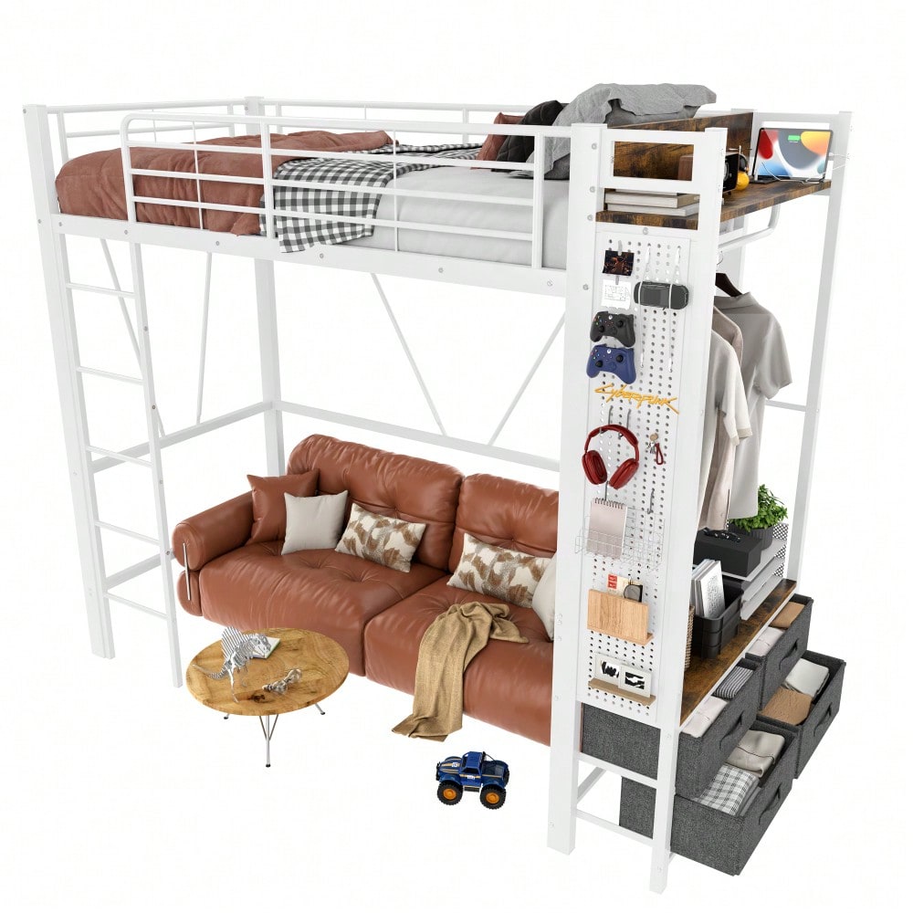 Hochbett, 90 x 200cm, Eisenrahmen , Mit Trockenstab, Mit Einlegeböden, 4 Schubladen, Mit USB+TYPE-C Steckdose, LED-Leiste, Geländer, Trittleiter, mit Lochbrett, ohne Matratze, Weiß