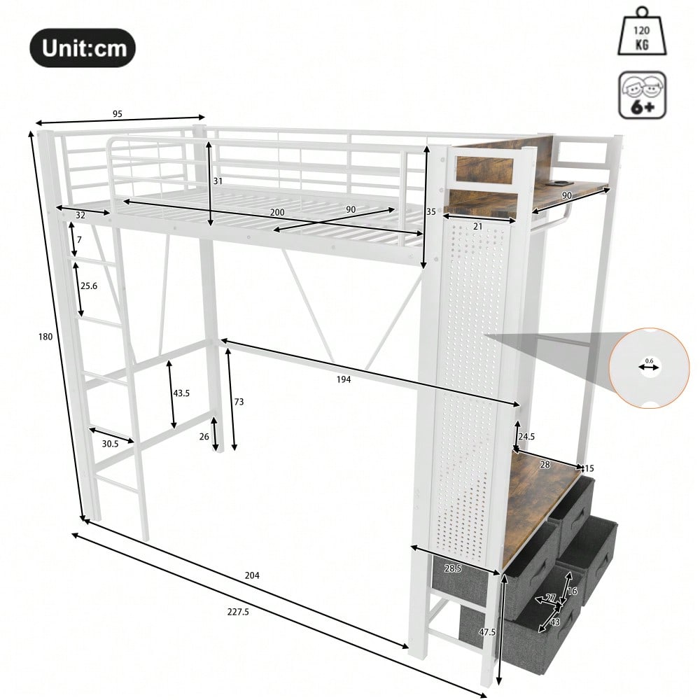 Hochbett, 90 x 200cm, Eisenrahmen , Mit Trockenstab, Mit Einlegeböden, 4 Schubladen, Mit USB+TYPE-C Steckdose, LED-Leiste, Geländer, Trittleiter, mit Lochbrett, ohne Matratze, Weiß