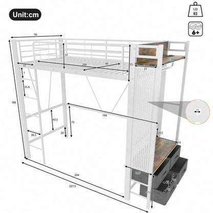 Hochbett, 90 x 200cm, Eisenrahmen , Mit Trockenstab, Mit Einlegeböden, 4 Schubladen, Mit USB+TYPE-C Steckdose, LED-Leiste, Geländer, Trittleiter, mit Lochbrett, ohne Matratze, Weiß
