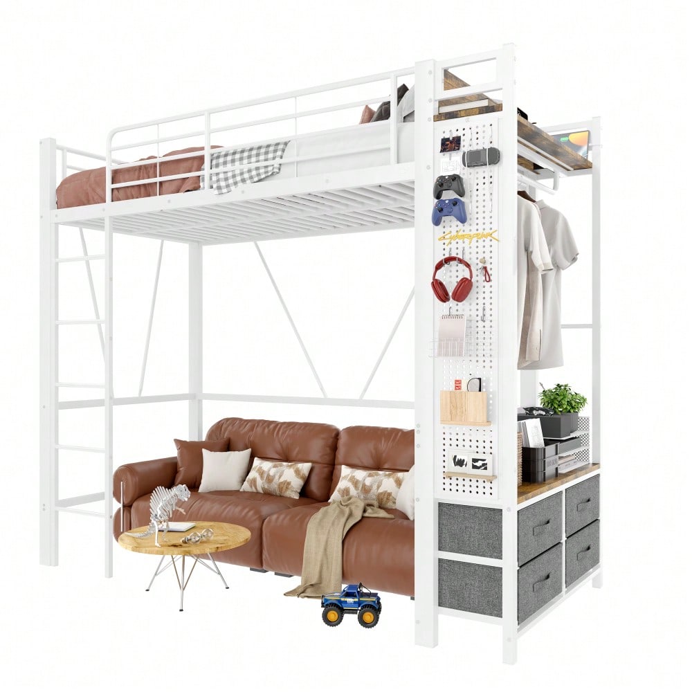 Hochbett, 90 x 200cm, Eisenrahmen , Mit Trockenstab, Mit Einlegeböden, 4 Schubladen, Mit USB+TYPE-C Steckdose, LED-Leiste, Geländer, Trittleiter, mit Lochbrett, ohne Matratze, Weiß