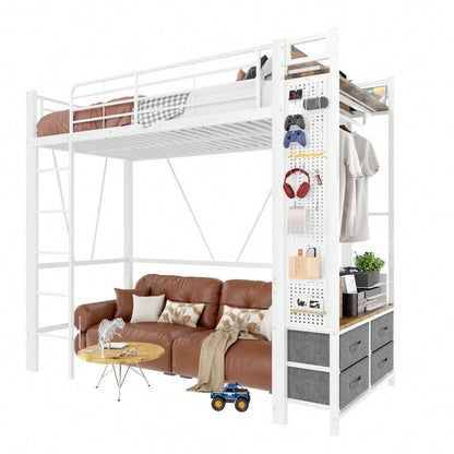 Hochbett, 90 x 200cm, Eisenrahmen , Mit Trockenstab, Mit Einlegeböden, 4 Schubladen, Mit USB+TYPE-C Steckdose, LED-Leiste, Geländer, Trittleiter, mit Lochbrett, ohne Matratze, Weiß