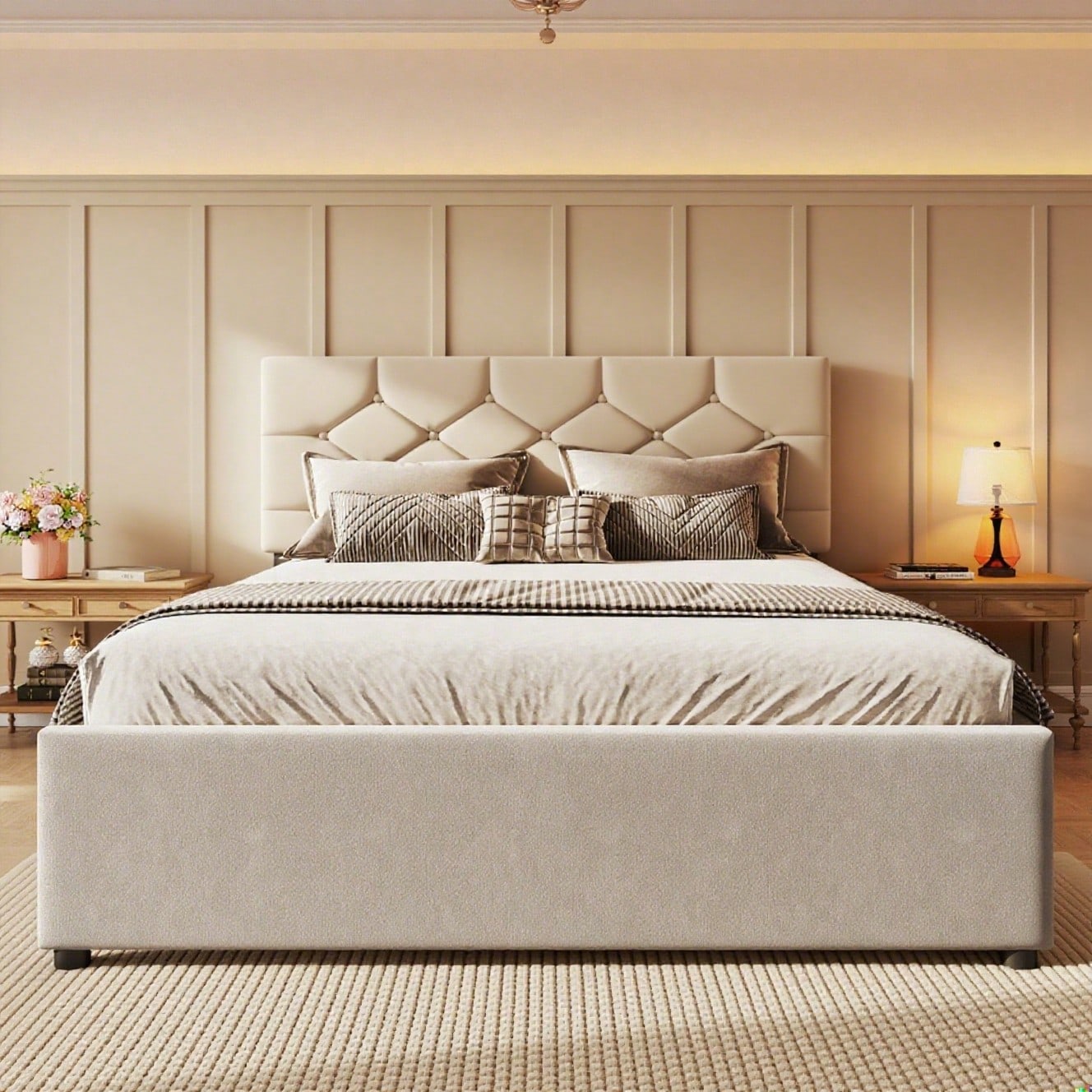 Polsterbett, 140x200cm, Bett mit Lattenrost (ohne Matratze), Bett mit Rollcontainer, Samt, Minimalistisch, Beige