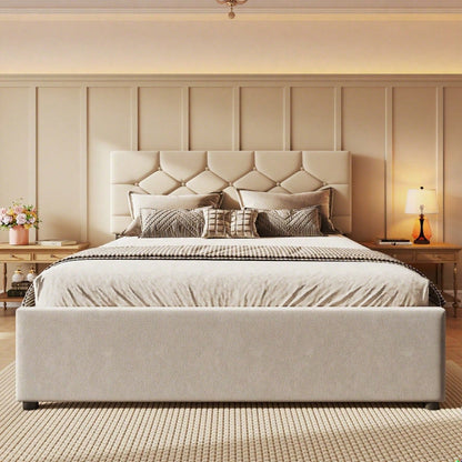 Polsterbett, 140x200cm, Bett mit Lattenrost (ohne Matratze), Bett mit Rollcontainer, Samt, Minimalistisch, Beige