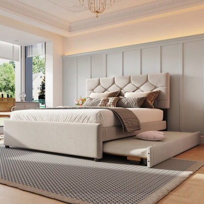 Polsterbett, 140x200cm, Bett mit Lattenrost (ohne Matratze), Bett mit Rollcontainer, Samt, Minimalistisch, Beige