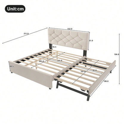 Polsterbett, 140x200cm, Bett mit Lattenrost (ohne Matratze), Bett mit Rollcontainer, Samt, Minimalistisch, Beige