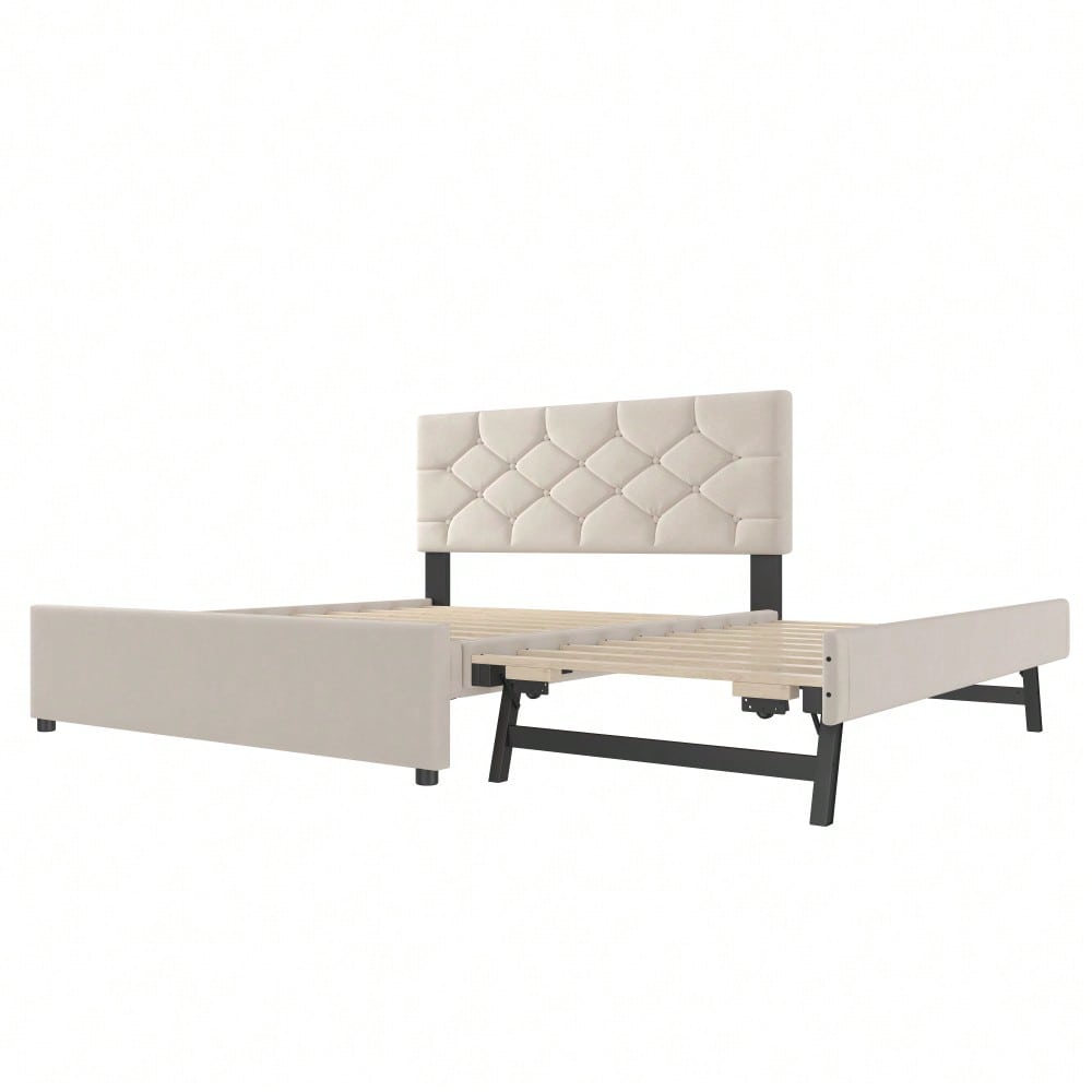 Polsterbett, 140x200cm, Bett mit Lattenrost (ohne Matratze), Bett mit Rollcontainer, Samt, Minimalistisch, Beige