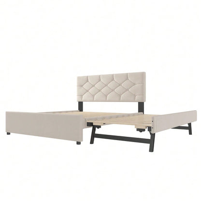 Polsterbett, 140x200cm, Bett mit Lattenrost (ohne Matratze), Bett mit Rollcontainer, Samt, Minimalistisch, Beige