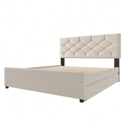 Polsterbett, 140x200cm, Bett mit Lattenrost (ohne Matratze), Bett mit Rollcontainer, Samt, Minimalistisch, Beige