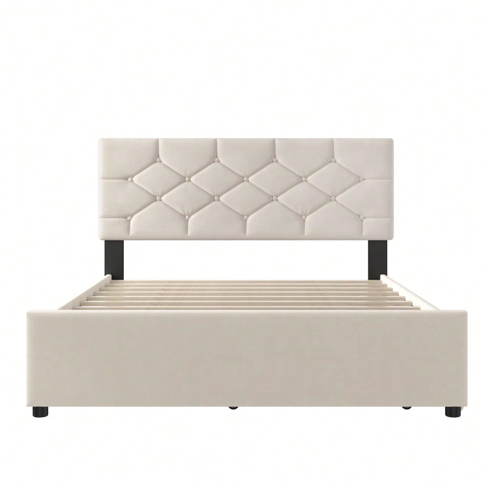 Polsterbett, 140x200cm, Bett mit Lattenrost (ohne Matratze), Bett mit Rollcontainer, Samt, Minimalistisch, Beige