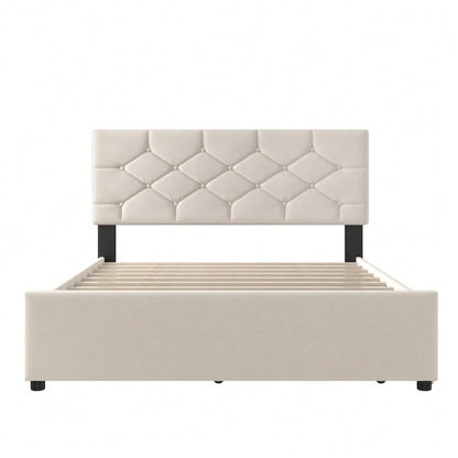 Polsterbett, 140x200cm, Bett mit Lattenrost (ohne Matratze), Bett mit Rollcontainer, Samt, Minimalistisch, Beige