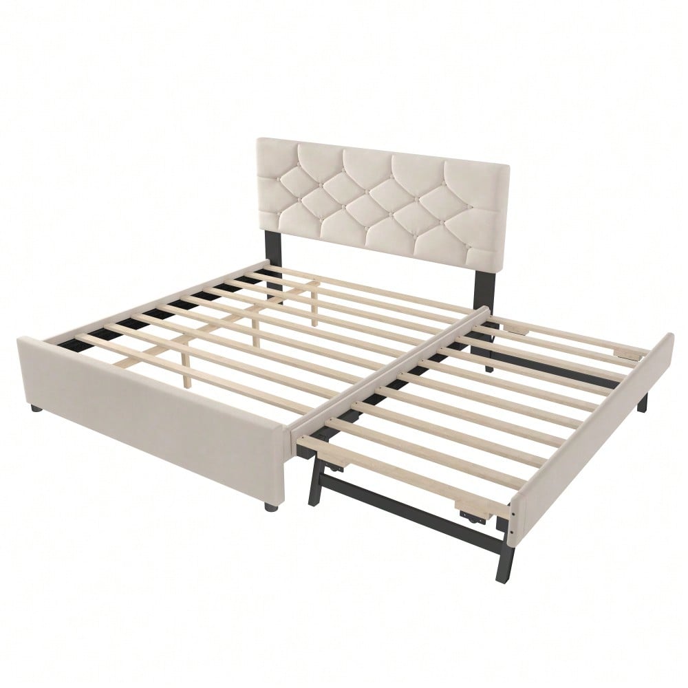 Polsterbett, 140x200cm, Bett mit Lattenrost (ohne Matratze), Bett mit Rollcontainer, Samt, Minimalistisch, Beige