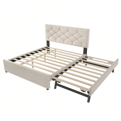 Polsterbett, 140x200cm, Bett mit Lattenrost (ohne Matratze), Bett mit Rollcontainer, Samt, Minimalistisch, Beige