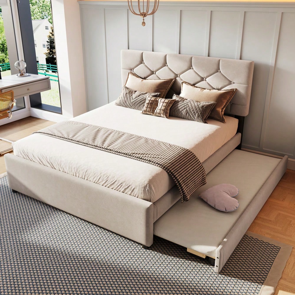 Polsterbett, 140x200cm, Bett mit Lattenrost (ohne Matratze), Bett mit Rollcontainer, Samt, Minimalistisch, Beige