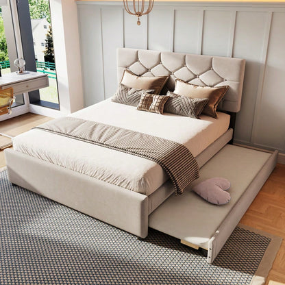 Polsterbett, 140x200cm, Bett mit Lattenrost (ohne Matratze), Bett mit Rollcontainer, Samt, Minimalistisch, Beige