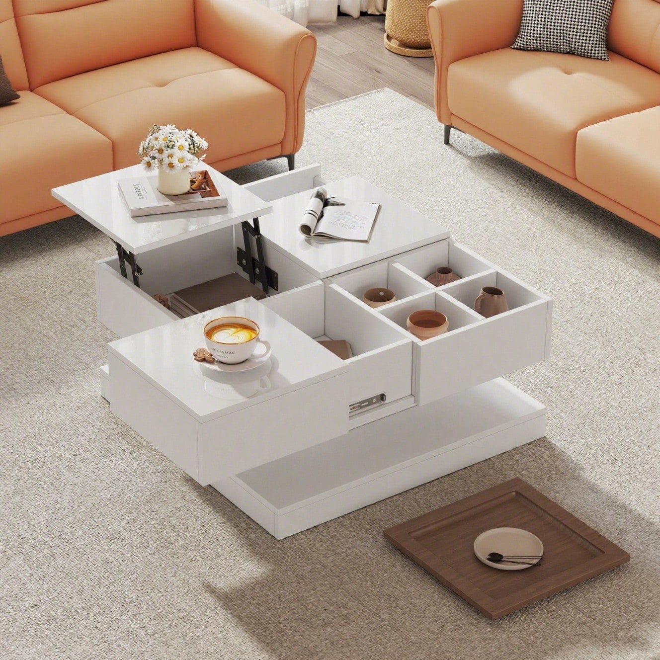 75.5*75.5*38cm Couchtisch Anhebbarer Multifunktionstisch, Sofatisch mit 4 Fächern, Wohnzimmertisch in Hochglanz, Beistelltisch, kaffeetisch mit Tablett, Geometrischer Tisch, weiß + Holzfarbe