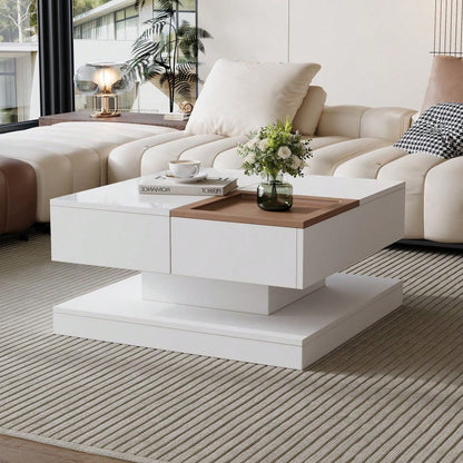 75.5*75.5*38cm Couchtisch Anhebbarer Multifunktionstisch, Sofatisch mit 4 Fächern, Wohnzimmertisch in Hochglanz, Beistelltisch, kaffeetisch mit Tablett, Geometrischer Tisch, weiß + Holzfarbe