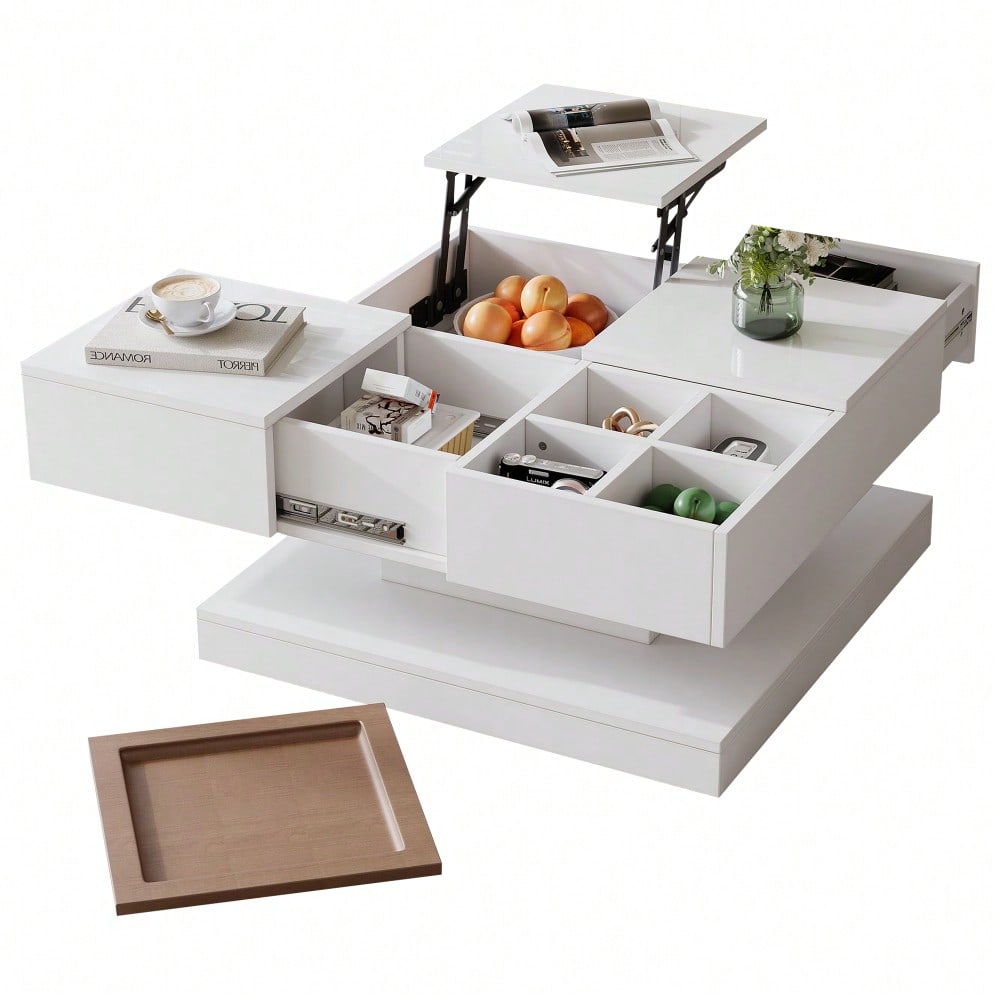 75.5*75.5*38cm Couchtisch Anhebbarer Multifunktionstisch, Sofatisch mit 4 Fächern, Wohnzimmertisch in Hochglanz, Beistelltisch, kaffeetisch mit Tablett, Geometrischer Tisch, weiß + Holzfarbe