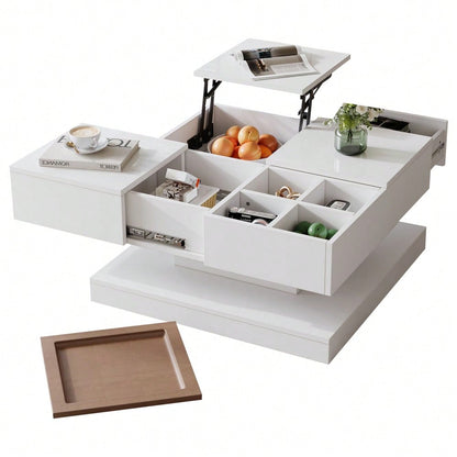 75.5*75.5*38cm Couchtisch Anhebbarer Multifunktionstisch, Sofatisch mit 4 Fächern, Wohnzimmertisch in Hochglanz, Beistelltisch, kaffeetisch mit Tablett, Geometrischer Tisch, weiß + Holzfarbe
