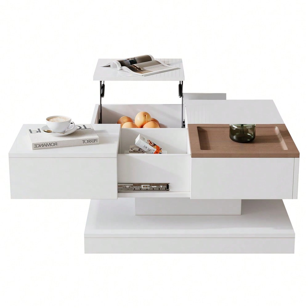 75.5*75.5*38cm Couchtisch Anhebbarer Multifunktionstisch, Sofatisch mit 4 Fächern, Wohnzimmertisch in Hochglanz, Beistelltisch, kaffeetisch mit Tablett, Geometrischer Tisch, weiß + Holzfarbe