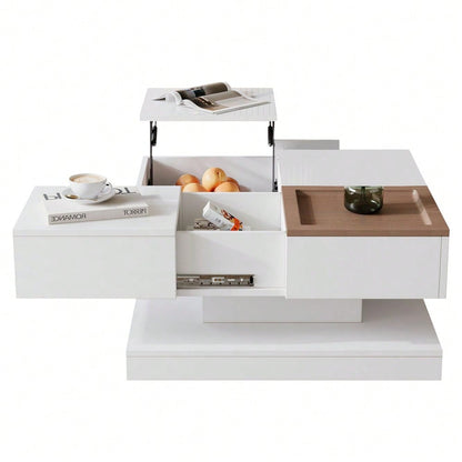 75.5*75.5*38cm Couchtisch Anhebbarer Multifunktionstisch, Sofatisch mit 4 Fächern, Wohnzimmertisch in Hochglanz, Beistelltisch, kaffeetisch mit Tablett, Geometrischer Tisch, weiß + Holzfarbe