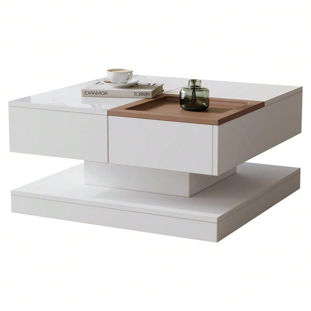 75.5*75.5*38cm Couchtisch Anhebbarer Multifunktionstisch, Sofatisch mit 4 Fächern, Wohnzimmertisch in Hochglanz, Beistelltisch, kaffeetisch mit Tablett, Geometrischer Tisch, weiß + Holzfarbe
