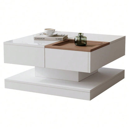 75.5*75.5*38cm Couchtisch Anhebbarer Multifunktionstisch, Sofatisch mit 4 Fächern, Wohnzimmertisch in Hochglanz, Beistelltisch, kaffeetisch mit Tablett, Geometrischer Tisch, weiß + Holzfarbe